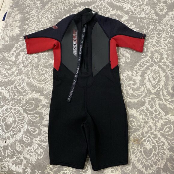 O'neill Wetsuit Kid Youth Sz 8 Black & Red Short Sleeve Swimming Beach Neoprene - Picture 1 of 8